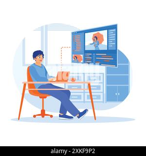 Filmmakers edit video footage using software on a computer. Content creators work on multimedia montages with applications, audio, post-production fil Stock Vector
