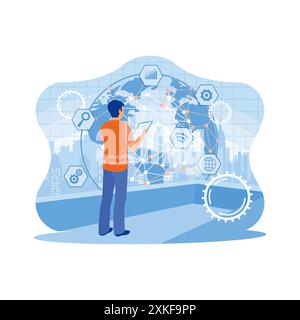 Business people use digital tablets with business icons and globes. High technology and communications. Concept of hi tech and communication. Trend Mo Stock Vector