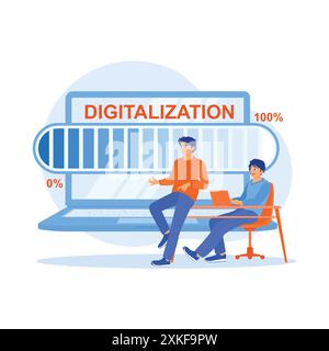 Businessman working in modern office. Digital world concept with digitalization word hologram and loading bar element icons on laptop keyboard backgro Stock Vector
