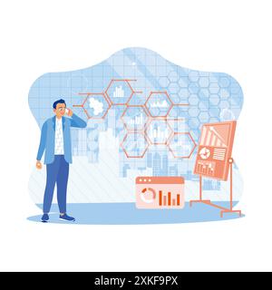 A businessman making a call with a business colleague using a cell phone. Technology and hud. Finance and trade concept. Trend Modern vector flat illu Stock Vector