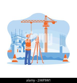 Survey engineer working using a theodolite at a construction site. Surveying to create a contour plan is a graphic representation of the lay of the la Stock Vector