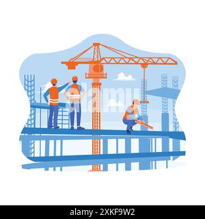 Construction team working on a building site. Construction engineer overseeing the progress of a construction project standing on a new concrete floor Stock Vector