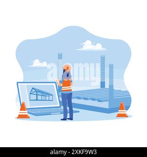 Female civil engineer standing in front of a laptop at construction site. Inspect real estate development projects for commercial and industrial build Stock Vector