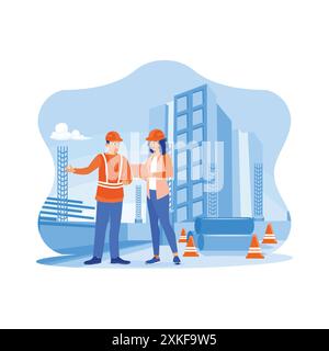 Construction engineers and architects are discussing at the construction site. Civil architect engineer inspecting and working on outdoor structure bu Stock Vector
