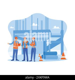 Young architects and engineers in vests and safety helmets on a building site. Discuss the draft development plan using a laptop and notebook. Buildin Stock Vector