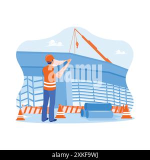 Construction engineer holding construction plans at the construction site. Checking building designs and construction plans. Construction site enginee Stock Vector