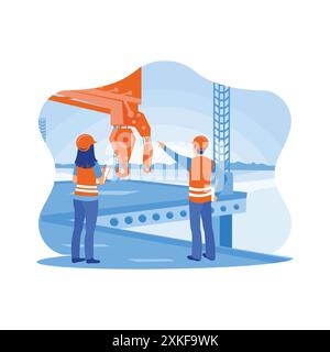 The construction team discusses quality, work plans, and home and industrial building design projects. Standing close to a crane at a construction sit Stock Vector