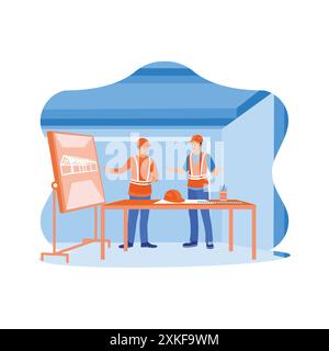 Two civil engineers work together to design a building. Discuss work plans and development processes. Construction site engineer concept. Trend Modern Stock Vector