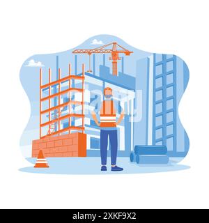 Engineer wearing the vest and hard hat standing at the construction site. Surveying multi storey building sites. Building construction sites concept. Stock Vector