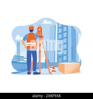 Surveyor builder Engineer with theodolite transit equipment at the construction site during survey work. Builder engineer wears safety vest and helmet Stock Vector