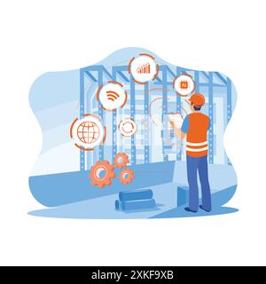Engineer using a digital tablet with Construction Management Software on the construction site. Smart Construction Project Management System concept. Stock Vector