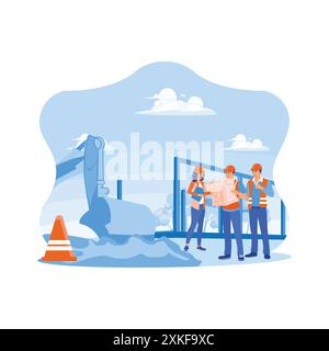 Three experts at the construction project site. They discuss and plan detailed development plans. Experts inspect commercial building construction sit Stock Vector