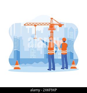 Civil engineer standing on a construction site near a crane. Holding construction plans and inspecting work at the construction site. Construction sit Stock Vector