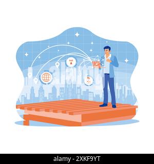 Man standing on a board against a blurry cityscape. Using a laptop with a connected telecommunications network in a smart city. Telecommunication and Stock Vector