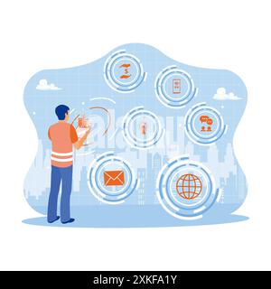 Businessman hand holding digital tablet using modern creative telecommunication and internet network connected in a smart city. Businessman standing a Stock Vector
