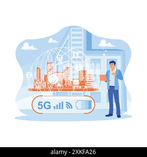 Man using a laptop standing in front of a miniature smart city. The computer uses a creative telecommunications and internet network with a 5G wireles Stock Vector