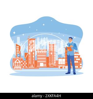 Business people use a digital tablet with a telecommunication network connected to a smart city. Concept of 5G wireless digital connection and future Stock Vector