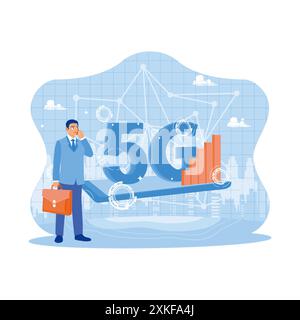 Businessman on blurred background using 5G network with mobile phone 3D rendering. Businessman standing and making a call with a client. Telecommunica Stock Vector