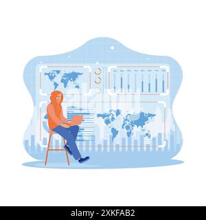 Hacker using a creative glowing blue business chart with a map. Using a laptop to hack business data. Technology and finance concept. Trend Modern vec Stock Vector