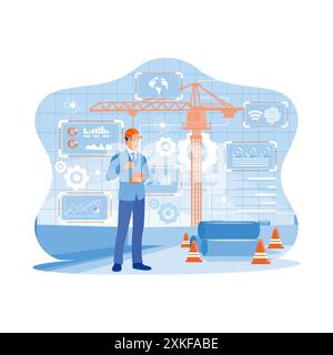 Construction engineer using a digital tablet and global network security information technology with a virtual screen of innovation icons. An engineer Stock Vector