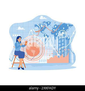Businesswoman using digital tablet. Financial infographics on blurry world maps and city background. Technology and finance concept. Trend Modern vect Stock Vector