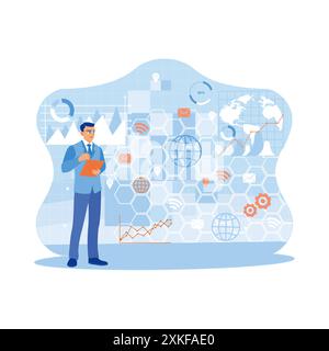 Businessman using tablet computer with double exposure of business infographic interface. Digital marketing globally. Finance and trade concept. Trend Stock Vector