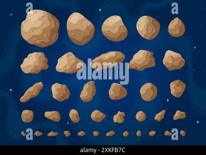 Cartoon space asteroids vector illustration set. Colorful collection of space stones and asteroids, belt rocks and meteorites on fantastic starry blue Stock Vector