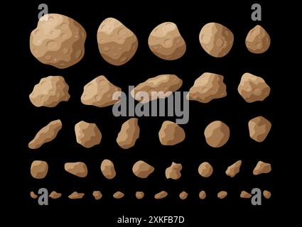 Cartoon space asteroids vector illustration set. Colorful collection of isolated space stones and asteroids, belt rocks and meteorites on black backgr Stock Vector