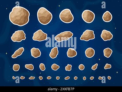 Flat space meteorite stickers vector graphic set. Collection of patches with asteroids, belt rocks and meteorites in color flat style design on blue s Stock Vector