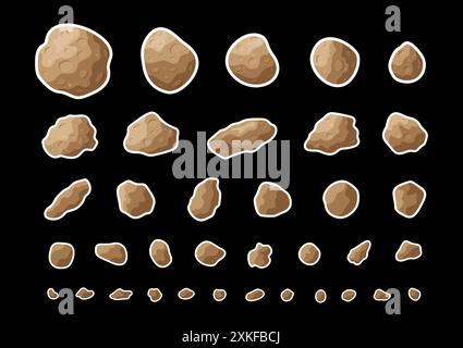 Flat space meteorite stickers vector graphic set. Collection of isolated patches with asteroids, belt rocks and meteorites in color flat style design Stock Vector