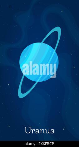 Comic space planet Uranus vector illustration. Galaxy space objects art on starry dark blue vertical background with comic style solar system planet U Stock Vector