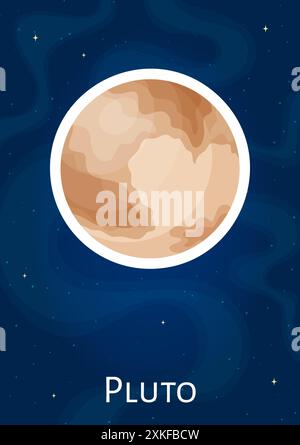 Comic dwarf planet Pluto graphic sticker, flat round celestial object art patch, cartoon space sphere vector illustration label on blue cosmic backgro Stock Vector