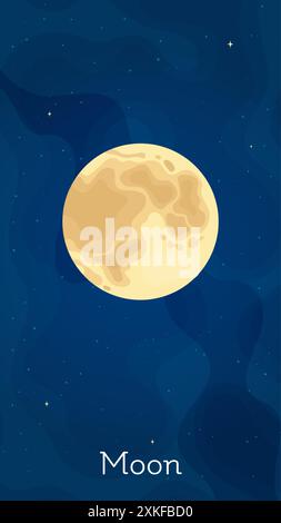 Solar system satelite Moon vector illustration. Celestial object art concept with isolated satelite Moon in solar system on dark blue vertical space b Stock Vector