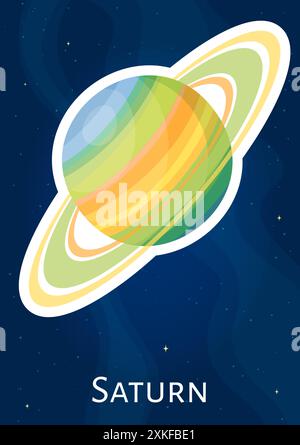 Flat astronomical planet Saturn illustration sticker, cartoon celestial sphere concept label, comic round space object vector patch on blue cosmic bac Stock Vector