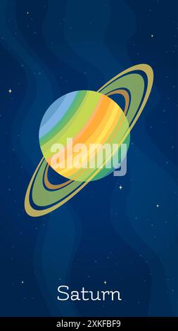 Star system planet Saturn vector illustration. Celestial sphere object graphic concept with space planet Saturn on starry night sky comic style vertic Stock Vector