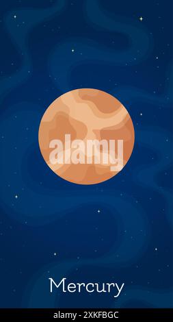 Solar system planet Mercury vector illustration. Galaxy space objects art on starry dark blue vertical background with flat style solar system planet Stock Vector