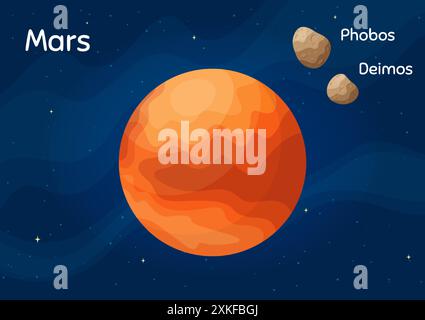 Flat space planet Mars vector illustration. Galaxy space objects art on starry dark blue horizontal background with flat style planet Mars and satelit Stock Vector