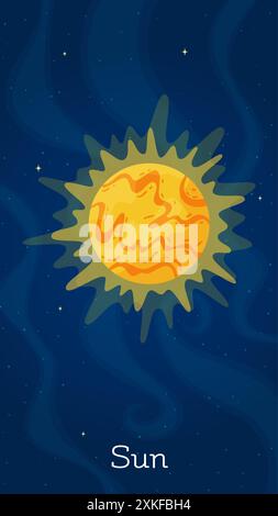 Cartoon solar system star Sun vector illustration. Universe round object art concept on dark blue vertical space background with solar system star Sun Stock Vector