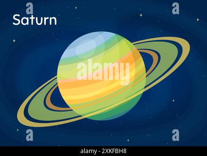 Cartoon space planet Saturn vector illustration. Galaxy space objects art on starry dark blue horizontal background with cartoon style solar system pl Stock Vector