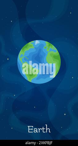 Solar system planet Earth vector illustration. Astronomical object art concept on night sky vertical space background with cartoon style planet Earth Stock Vector