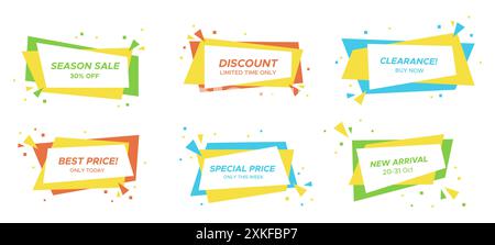 Flat geometric sale banner in trendy concept. Bright colors shop clearance label with confetti blast in pop art ribbon shape. Vector illustration with Stock Vector
