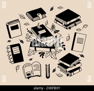 Autumn books doodles. Notebooks, magazines, closed and open, stacks folded literature and autumn leaves. Vector illustration. Isolated hand drawing fo Stock Vector