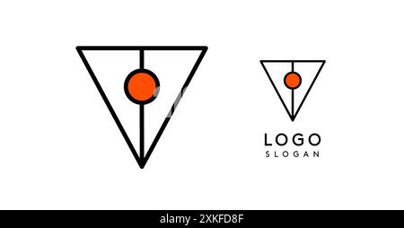 Abstract V letter logo with blue dots, arrow down, pen icon. Minimalist linear symbol for corporate branding, tech startups, security businesses, and Stock Vector