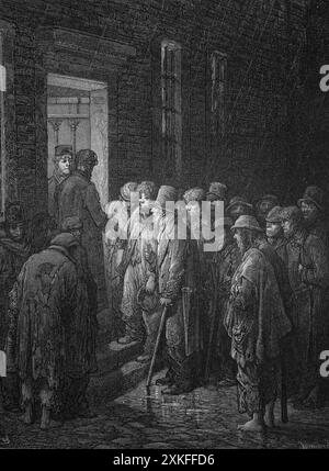 Victorian London. Refuge. Applying for admittance. Engraving by Dore.  'London, a Pilgrimage' , 1872. Stock Photo