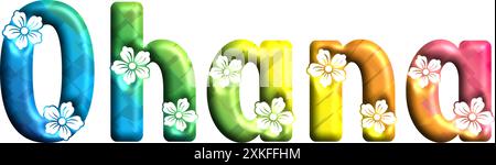 Ohana written with engraved typical Hawaiian hibiscus flowers - vector graphics multicolor - 3d Stock Vector