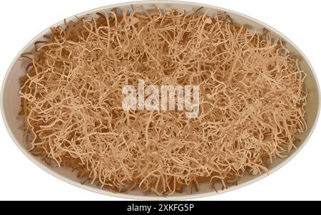 Oval gift package box with brown craft wrapping shredded paper as a filler isolated on white. Top view of round cardboard pack. Careful delivery of fr Stock Vector