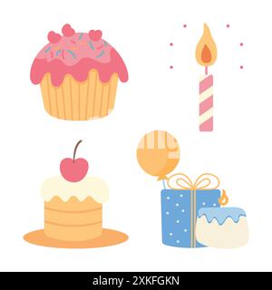 Cute Children Birthday Stuff with Cupcake Candle Gift Box Vector Illustration Set Stock Vector