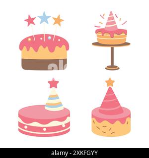 Cute Pastel Children Birthday Cake with Decoration Vector Illustration Set Stock Vector