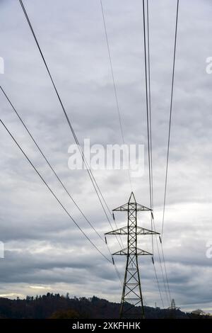 An electricity pylon (132kV overhead line pylon), power lines in front of a cloudy sky and landscape in the background. Wohlen near Bern, Switzerland Stock Photo