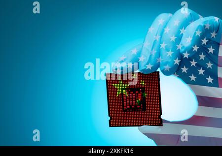 US-China chip war. Semiconductor industry. Geopolitical battleground. Tensions in US-China semiconductor reshape chip stocks and Taiwan's tech Stock Photo